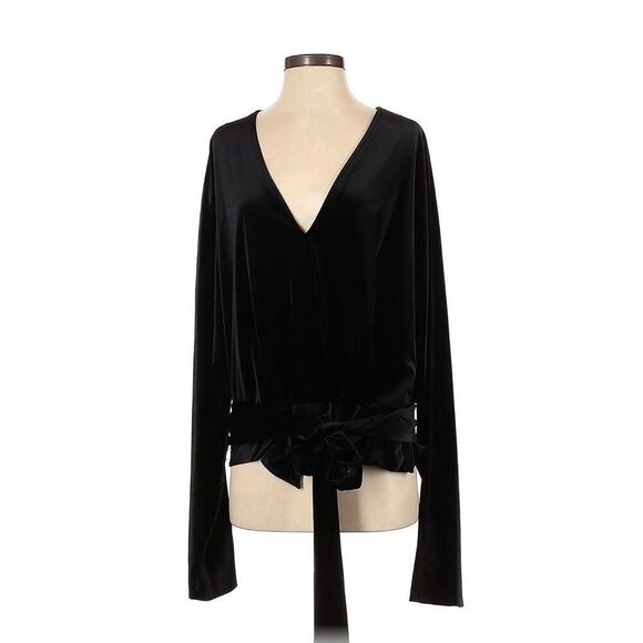 GOOD AMERICAN BLACK VELVET WRAP WAIST LONG SLEEVE V NECK TOP Size 5 XXL - Picture 1 of 4